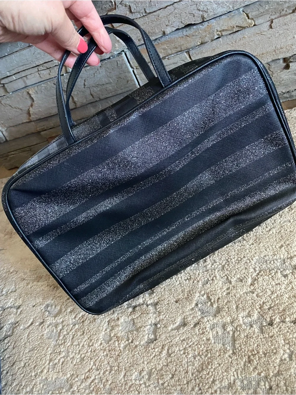 Kate Spade Giana Haven Lane Glitter Stripe Travel Cosmetic Bag Shower Makeup